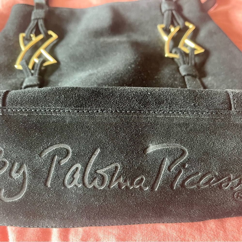 Paloma Picasso Black Suede Shoulder Bag with Gold Accents